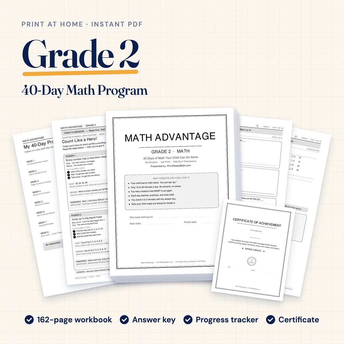 Grade 2 Math Advantage 40-day printable program: workbook cover, Day 1 lesson, progress tracker, answer key and certificate