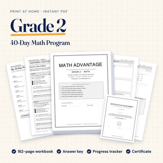 Grade 2 Math Advantage 40-day printable program: workbook cover, Day 1 lesson, progress tracker, answer key and certificate