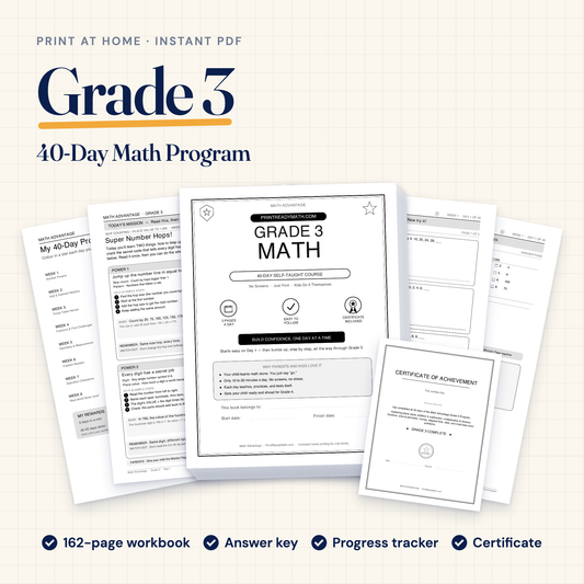Grade 3 Math Advantage 40-day printable program: workbook cover, Day 1 lesson, progress tracker, answer key and certificate