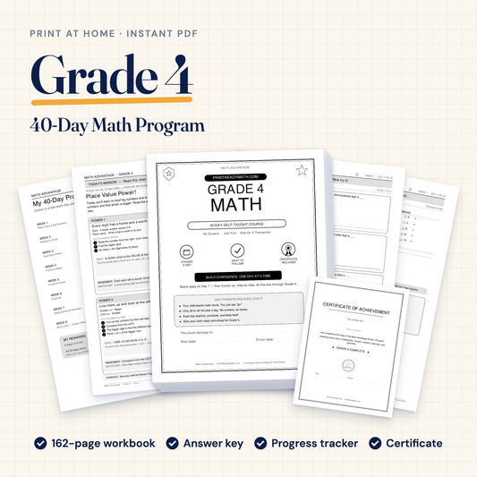 Grade 4 Math Advantage 40-day printable program: workbook cover, Day 1 lesson, progress tracker, answer key and certificate
