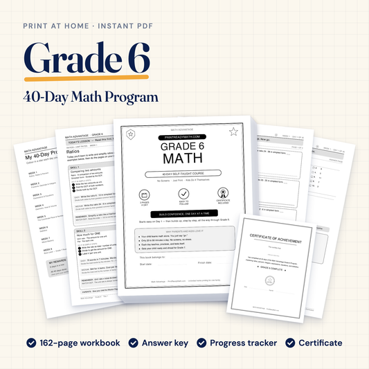 Grade 6 Math Advantage 40-day printable program: workbook cover, Day 1 lesson, progress tracker, answer key and certificate