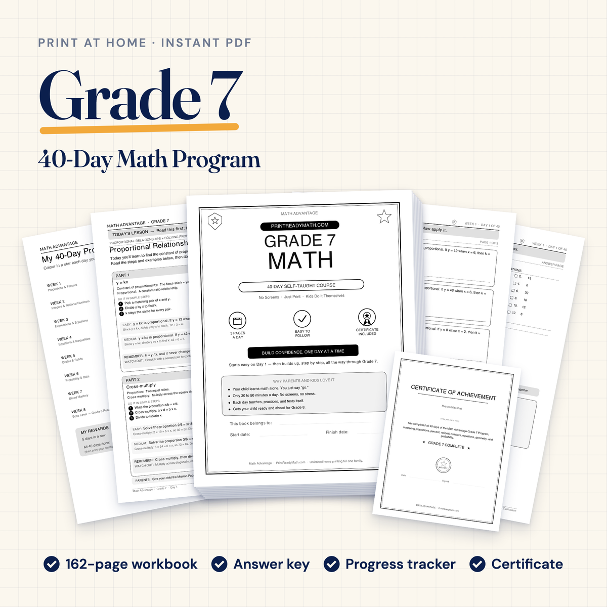 Grade 7 Math Advantage 40-day printable program: workbook cover, Day 1 lesson, progress tracker, answer key and certificate