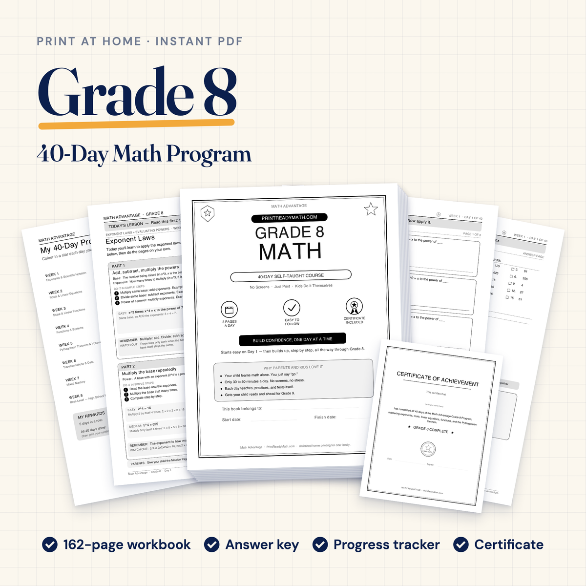 Grade 8 Math Advantage 40-day printable program: workbook cover, Day 1 lesson, progress tracker, answer key and certificate
