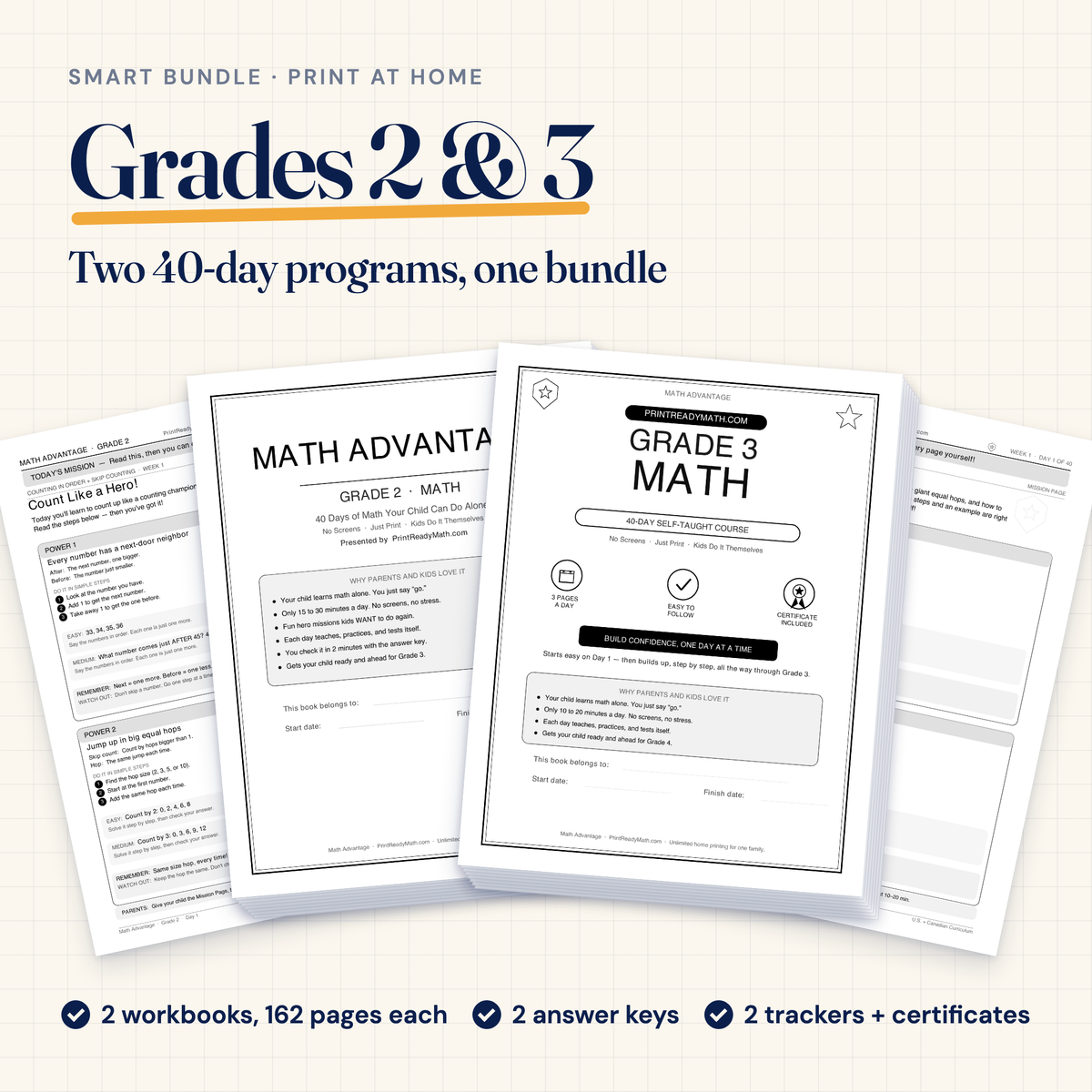 Smart Bundle, Grades 2 and 3: two printable 40-day math workbooks