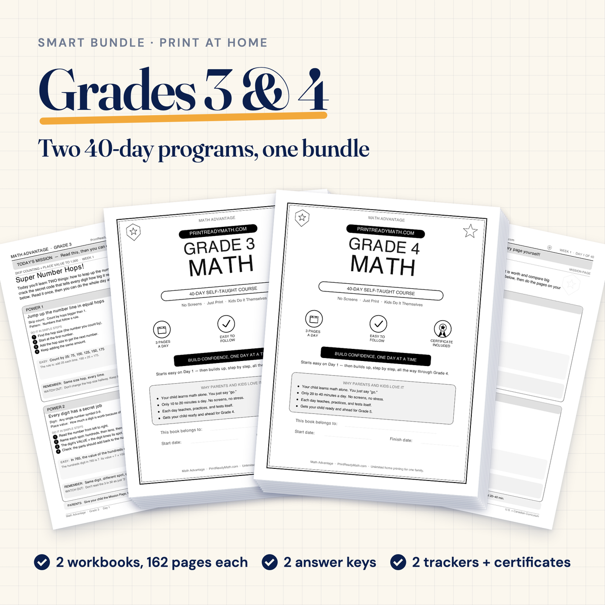 Smart Bundle, Grades 3 and 4: two printable 40-day math workbooks