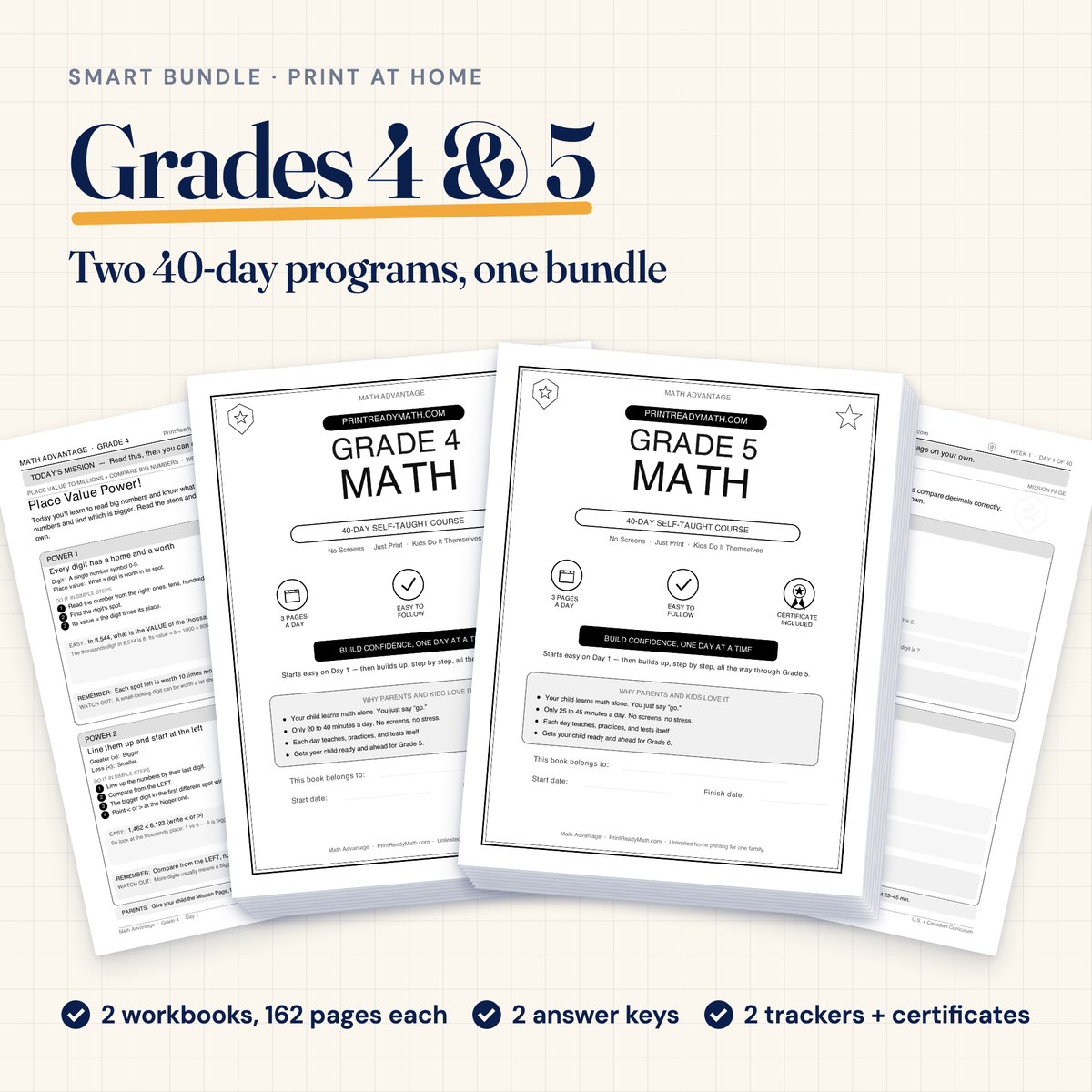 Smart Bundle, Grades 4 and 5: two printable 40-day math workbooks