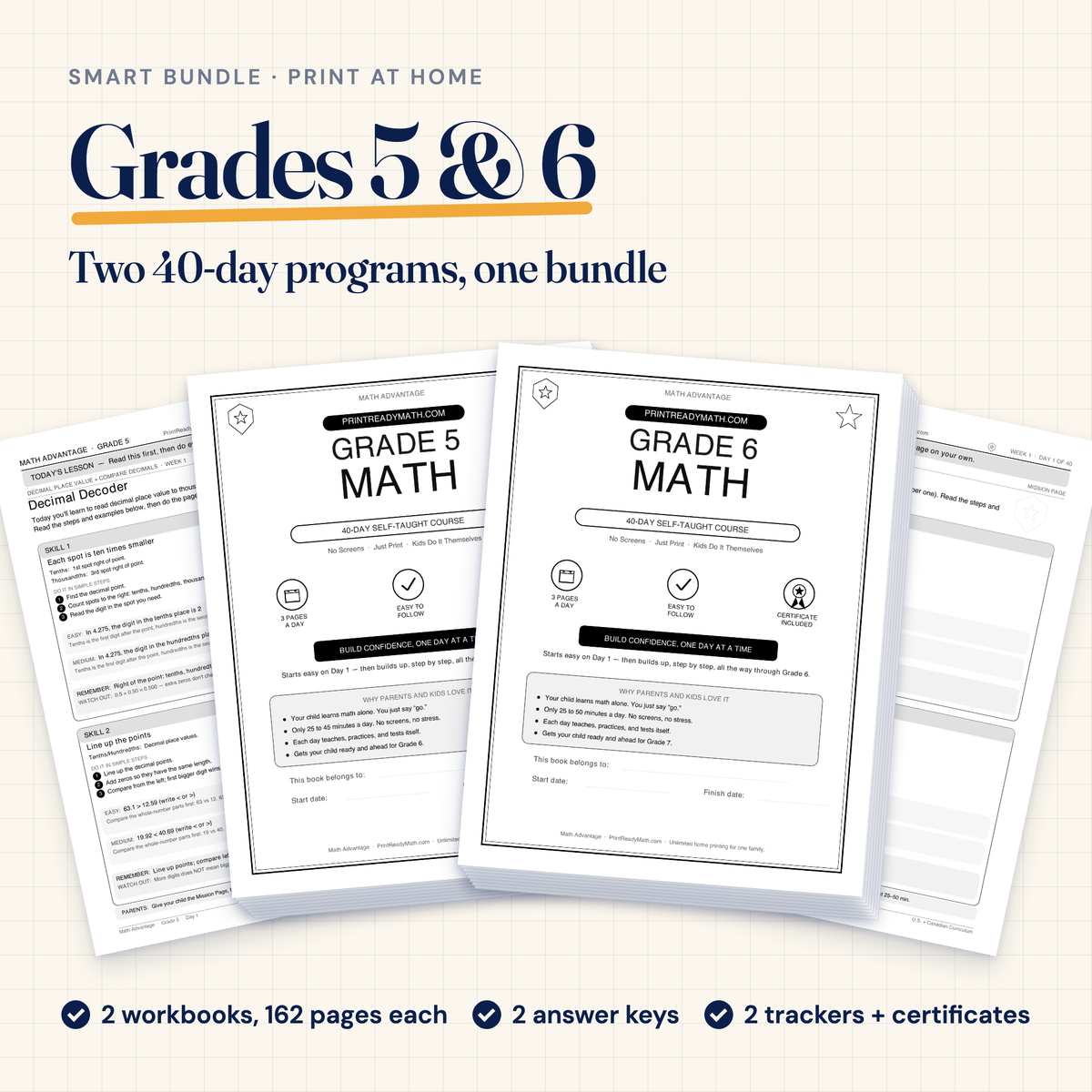 Smart Bundle, Grades 5 and 6: two printable 40-day math workbooks