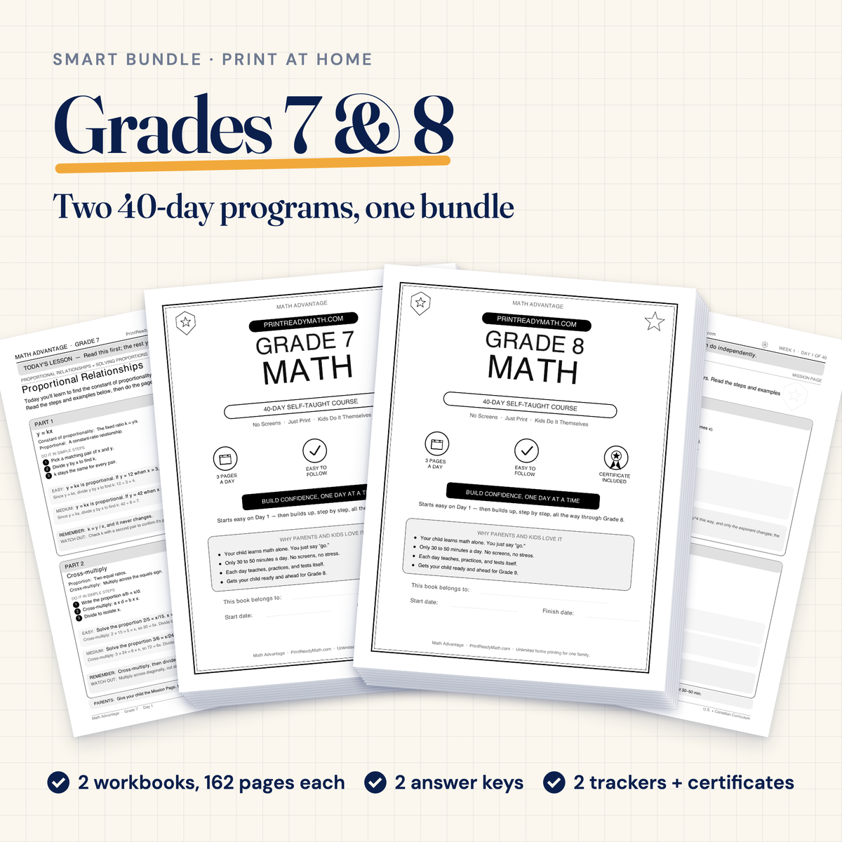 Smart Bundle, Grades 7 and 8: two printable 40-day math workbooks